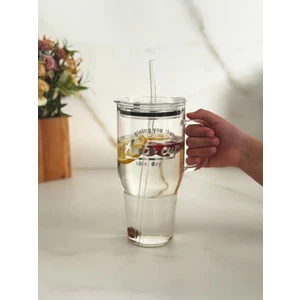 Mika Kapaklı Cam Pipetli Yazılı Cam Termos/bardak 1200 ml
