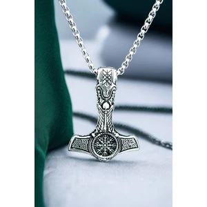 Ak Store Silver Erkek Thor'un Çekici Viking Baltası Figürlü K-150 Paslanmaz Kromix Çelik Gümüş Kaplama Kolye Madalyon