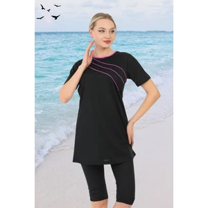 Biyeli Kısa Kollu Likralı Siyah Yarı Kapalı Tesettür Mayo Takım