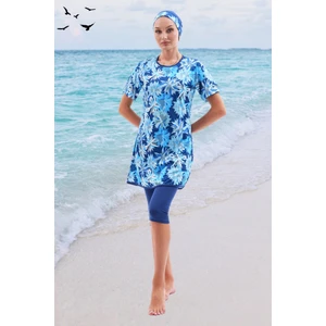 Lacivert Desenli Kısa Kollu Likralı Yarı Kapalı Kadın Tesettür Mayo Takım
