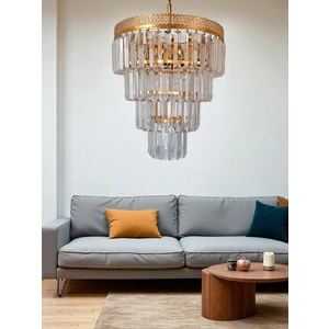 Özbak Avize Alvina 3’lü Avize – Gold Metal, 4 Katlı Tabut Kristal Taşlı Lüks Avize | E27 Uyumlu, Yerli Üretim