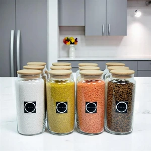 12'li Ahşap Vakum Kapaklı 1400 ml Cam Saklama Kavanozu Erzak Seti Bakliyat Etiketi Hediyeli