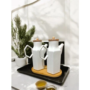 2 Adet 1 Lt Porselen Yağdanlık ve Bambu Altlık Seti - Yağlık Sirkelik Her Biri 1000ML - Prizma Model