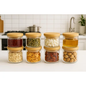 8 Adet 150 ml Borosilikat Cam Reçellik - Sızdırmaz Bambu Kapaklı - ( 70 x 50 Mm)