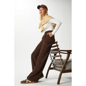 Likra Serisi Move Çift Düğmeli Esnek Kahverengi Palazzo Pantolon