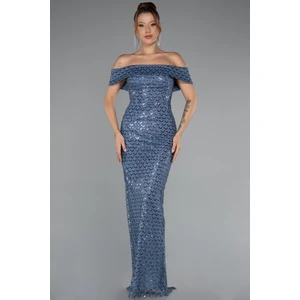 Kayık Yaka Boncuklu Uzun Abiye Elbise ABU5186