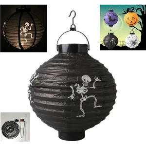 Halloween 20 cm LED Işıklı Iskelet Desenli Siyah Renk Kağıt Japon Feneri
