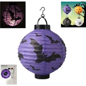 Halloween 20 cm LED Işıklı Yarasa Desenli Mor Renk Kağıt Japon Feneri