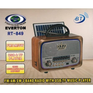 Nusrat Bilişim Everton Rt-849  Bluetooth Fm-Usb-Tf-Aux Şarjlı Nostaljik Radyo Güneş Panelli