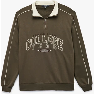 Uzun Kollu Kolej Nakışlı Renk Kontrastlı Şardonlu Yarım Fermuarlı Sweatshirt