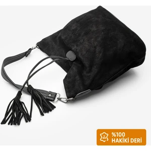 Kadın Hakiki Deri Püsküllü El ve Omuz Çantası Olven Siyah Süet