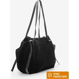 Kadın Hakiki Deri Shopper El ve Omuz Çantası Yorita Siyah Süet