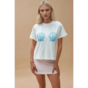 Kadın Baskı Detaylı Regular Fit Bisiklet Yakalı %100 Pamuklu T-shirt Buz Mavisi