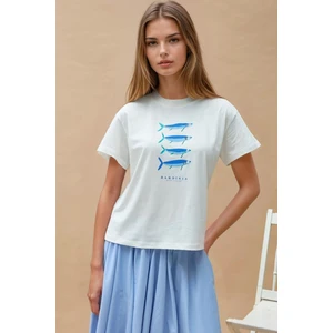 Kadın Baskı Detaylı Regular Fit Bisiklet Yakalı %100 Pamuklu T-shirt Blue