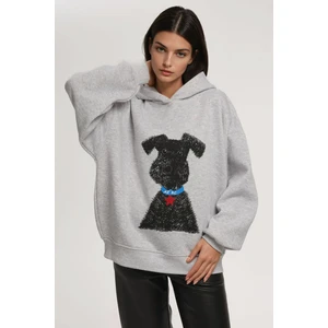 Kadın Oversize Baskılı Kapüşonlu Sweatshirt Gri