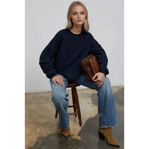 Kadınlar Oversize Bisiklet Yaka Basic Sweatshirt Lacivert