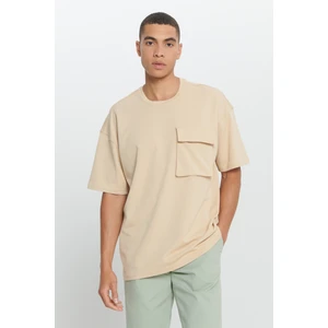 Altınyıldız Classics Erkek Bej Oversize Fit Bol Kesim Pamuklu Baskılı Bisiklet Yaka Tişört