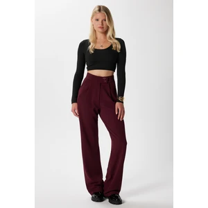 Likra Serisi Move Çift Düğmeli Esnek Bordo Palazzo Pantolon