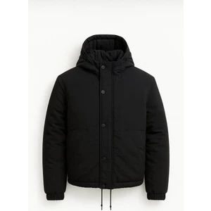 Oversize Cep Detaylı Kapüşonlu Hafif Şişme Mont - Siyah