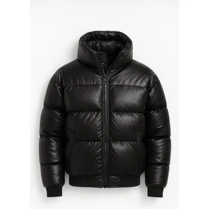 Oversize Kapüşonu Çıkarılabilir Şişme Deri Mont - Siyah