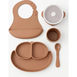 5li Silikon Bebek Beslenme Seti Bej (Bölmeli Mama Tabağı, Sızdırmaz Kase, Kaşık, Bardak, Önlük )