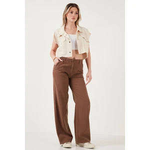 Pamuklu Standart Fit Yüksek Bel Geniş Paça Pantolon Bayan Pantolon 668YP5193