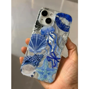 iPhone 13/14/15 Kılıf Hologramlı Mavi Deniz Kabuğu Desenli Darbe Emici Kamera Korumalı Silikon