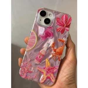 iPhone 13/14/15 Kılıf Hologramlı Pembe Yengeç Mercan Desenli Darbe Emici Kamera Korumalı Silikon