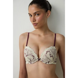 Bej Wow Çiçekli Dantelli Push Up Sütyen