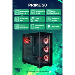 Game Garaj Prime S3 Amd Ryzen 5 7500F 32GB Ram 1tb SSD RTX5060Ti 16GB 240MM Sıvı Soğutma Freedos Oyuncu Tavsiye Sistem