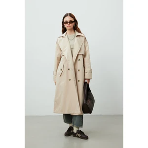 Düğmeli Kruvaze Trençkot Bej
