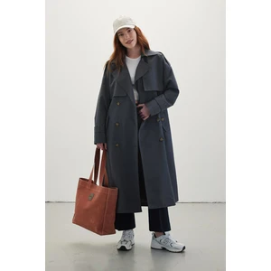 Düğmeli Kruvaze Trençkot Lacivert