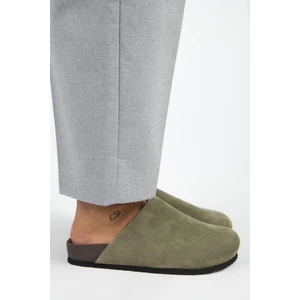 Ruzqahi Kadın Deri Hakiki Deri Düz Sabo Haki Terlik