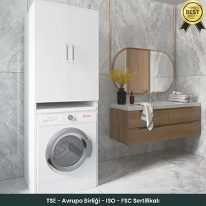 B3CONCEPT Geniş Hacimli 2 Kapaklı 2 Raflı  - Kolay Kurulum - Çamaşır Makinesi Dolabı Beyaz