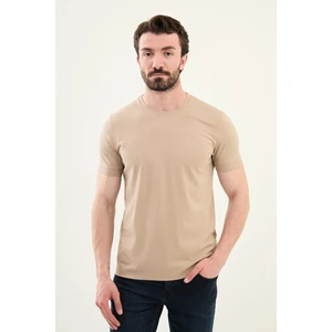 Düz Bej Slim Fit Bisiklet Yaka Basic Erkek T-Shirt