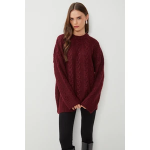 Oversize Saç Örgülü Triko Kazak LPF0107 Bordo
