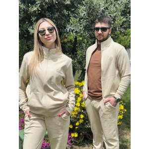 Tree Tone Double Face Modal Kumaş Fermuarlı Unisex Sweat&alt  Krem Eşofman Takımı