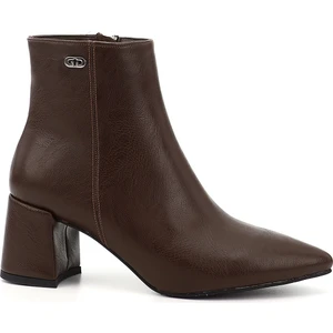 Kadın Kahverengi Fermuarlı Sivri Burun Kalın Topuklu Bot