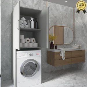 B3CONCEPT Geniş Hacimli 2 Kapaklı 2 Raflı  - Kolay Kurulum - Çamaşır Makinesi Dolabı Gri