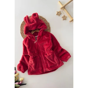 Miniğimin Cicileri Kulaklı Kapüşonlu Kız Çocuk peluş mont - Kırmızı