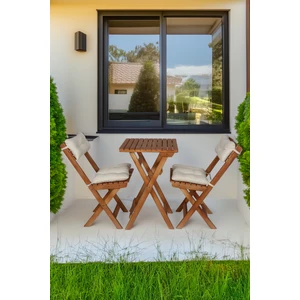 Ahşap 2+1 Katlanabilir Balkon & Bahçe Seti – Krem Renk Minderli Masa ve Sandalye Takımı (Montajsız)
