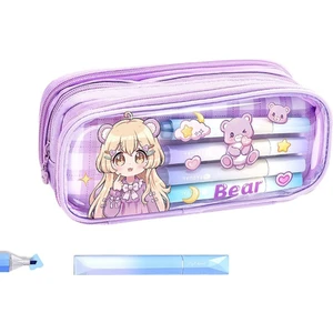 Anime Kız ve  Bear Ayıcık Kedili Kuzu Tavşan Desenli Kanvas Geniş Kapasiteli Kalemlik Cüzdan Öğrenci