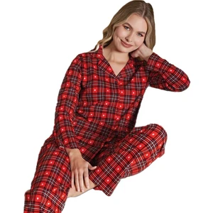 Kadın Önden Düğmeli Uzun Kollu Kışlık Ekose Pijama Takımı Chiara Bellini Rahat Ev Giyim Hediyelik