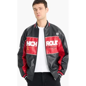 Oversize Geniş Kalıp Kolej Yaka Bomber Nakış Detaylı Fermuarlı Suni Deri İç Cepli Mont E9050AX25AU