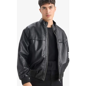 Oversize Fit Geniş Kalıp Dik Yaka Fermuarlı Cepli Suni Deri Ceket Mont E8818AX25AU