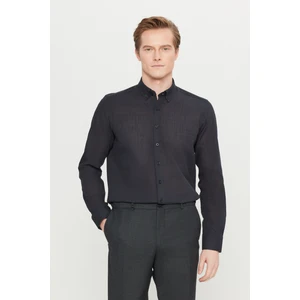 Altınyıldız Classics Erkek Siyah Slim Fit Dar Kesim Düğmeli Yaka Keten Görünümlü %100 Pamuk Flamlı Gömlek