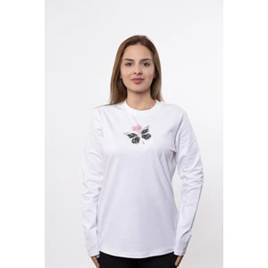 Kadın Uzun Kollu Kelebek Baskılı Beyaz Renk Tshırt