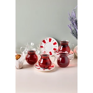 17899 Filiz 12 Parça 6 Kişilik Çay Seti Borosilikat Cam Kulplu Tombik Bardak ve Porselen Çay Tabağı Takımı  210 ml