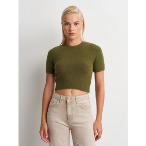 10651 Bisiklet Yaka Yumuşak Dokulu Kısa Kol Triko Kazak-Haki