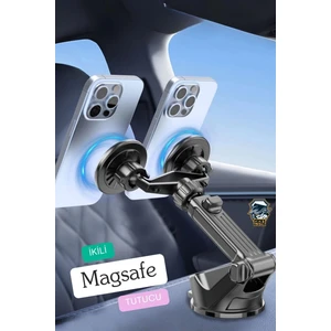 Ikili Manyetik Oynar Başlıklı Mıknatıslı Vantuzlu 360° Magsafe Araç Telefon Tutucu - Siyah